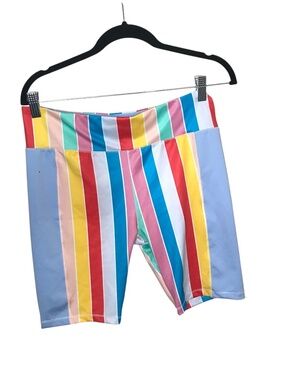 AVIA Rainbow Stripe Athletic Biker Shorts Women's Large High Rise Activewear